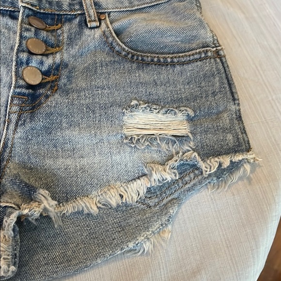 Bullhead Blue Distressed Jean Shorts with Frayed Hem - Picture 3 of 9